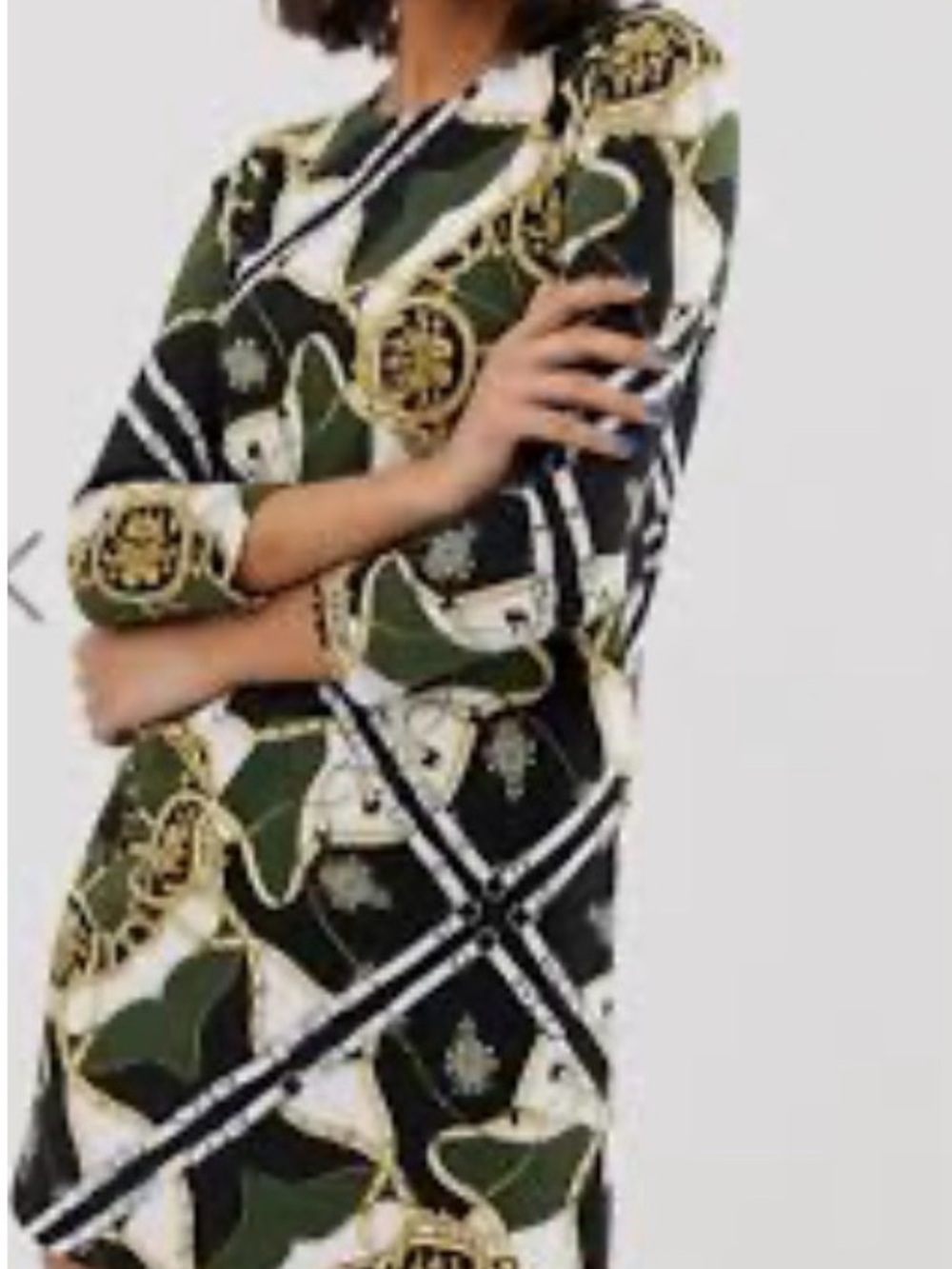 Stradivarius Green, Black & Gold Baroque Print Dress